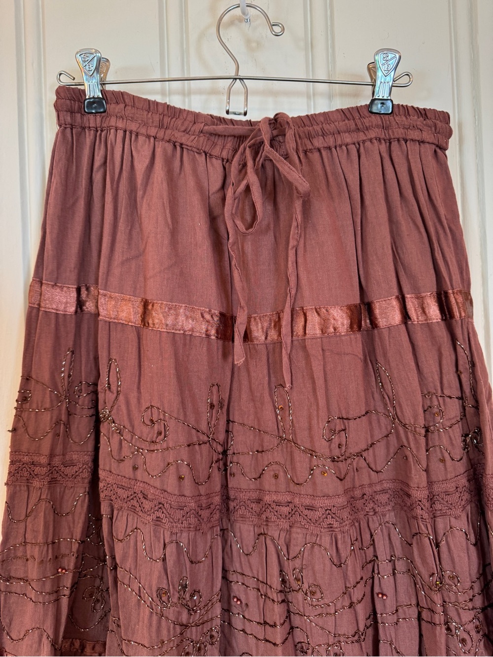 NWT Signature Y2K Boho Embroidered Beaded Tiered Maxi Skirt Brown M - Picture 4 of 7